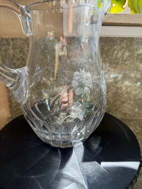 Vtg Crystal Cut Glass Water Pitcher with Etched Floral and Starburst Design